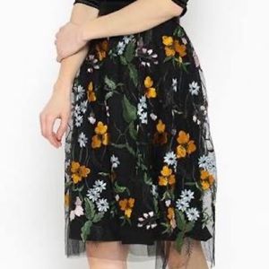Black Floral Embroidered Mesh Midi Skirt